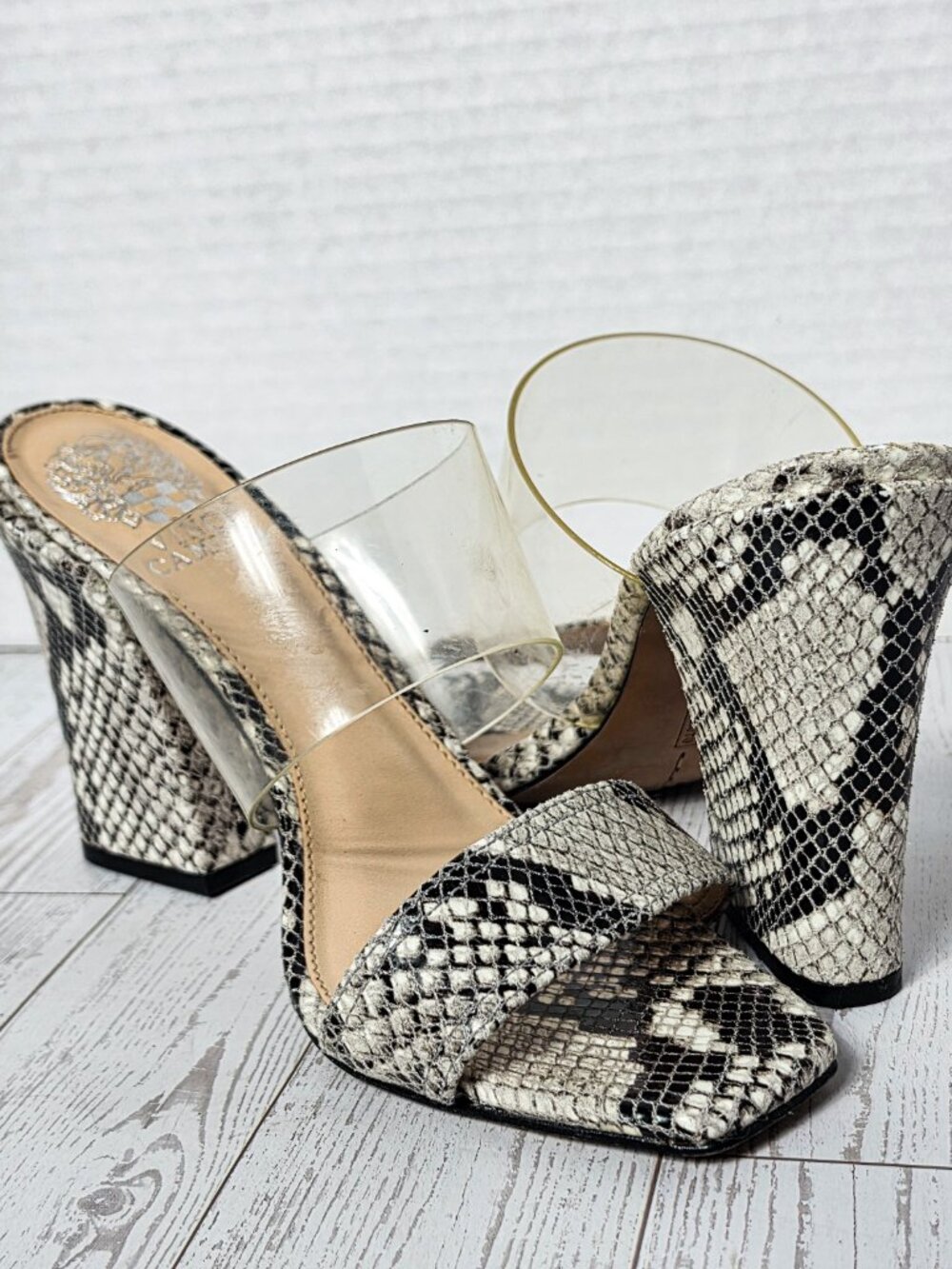 Vince Camuto Felima Snakeskin Block Heel Sandals Clear Strap Size 7.5